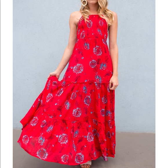 NWT Free People Red Blue Floral Maxi Dress - Picture 2 of 8